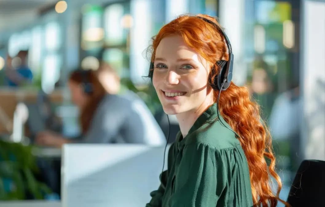 A smiling support specialist on a headset call